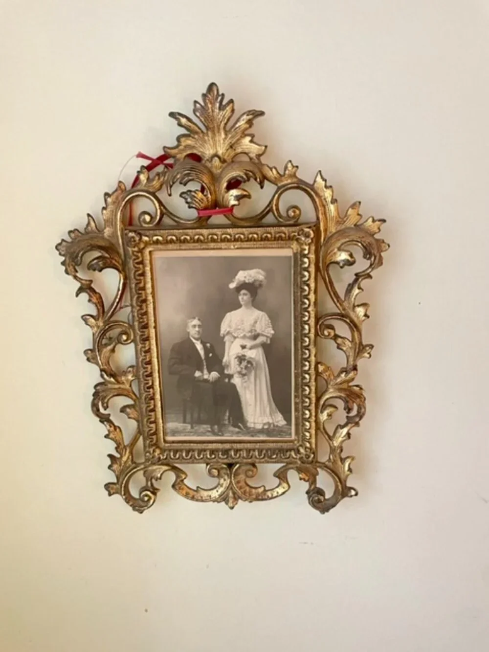 Antique Victorian Ornate Scrollwork Brass Frame w/ B&W Wedding Photo Wall Mount